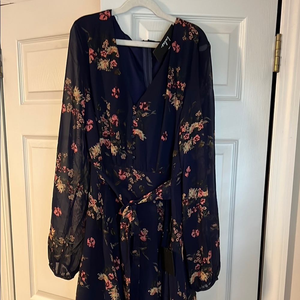 Lulu's Blue and Pink Bishop Sleeve V-Neck Dress